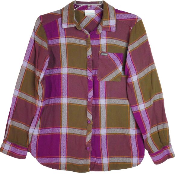 Columbia Women’s Size M Flannel Button Up Shirt Purple Plaid Long Sleeves - Picture 1 of 12